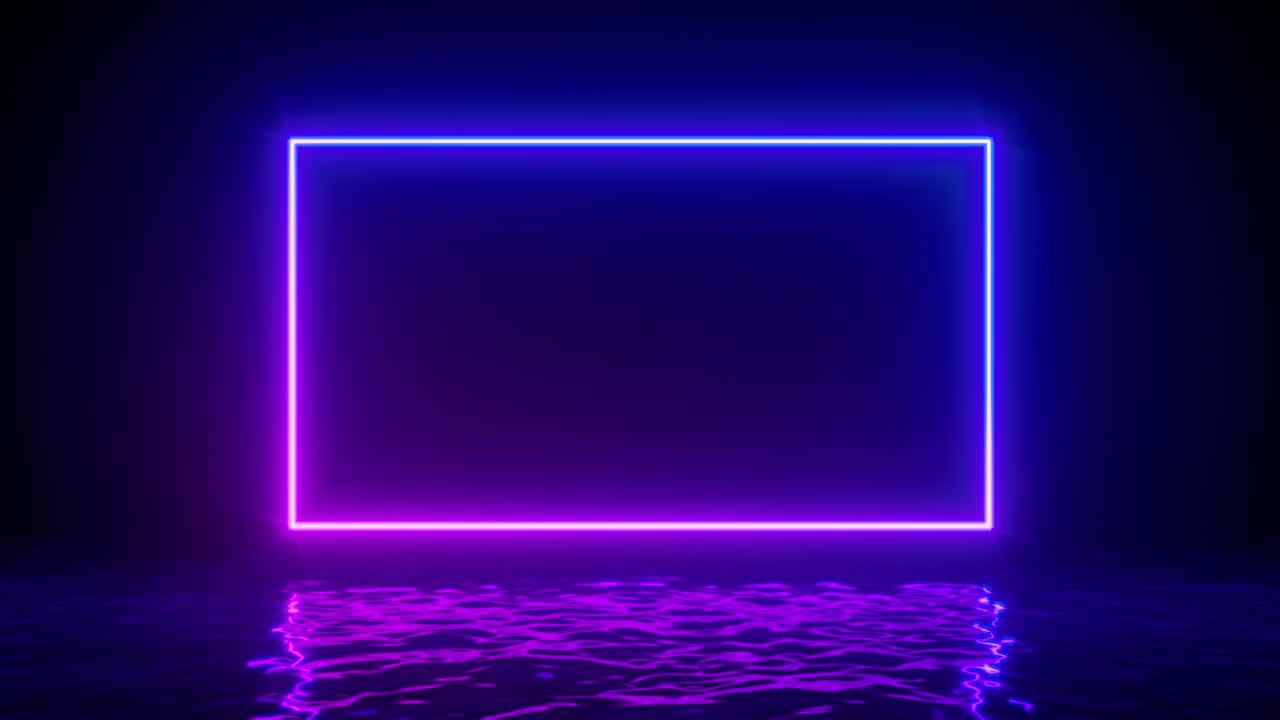 Glowing neon rectangle with reflections in water surface. Abstract background, waves, ultraviolet, spectrum vibrant colors, laser show. 3d render illustration. 4K video.