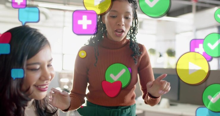 Standing colleague starting gesture, icons floating, growing, leaning, pointing, explaining tablet