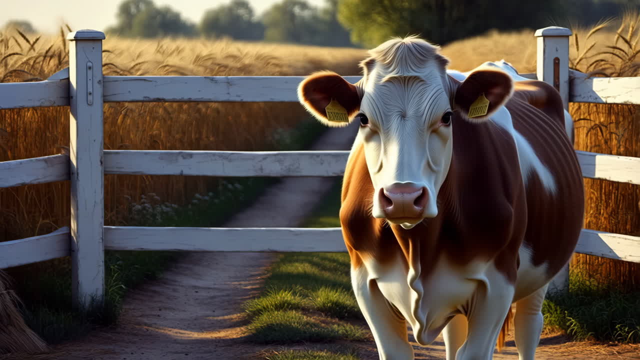 A brown and white cow stands by a white fence in a golden crop field
