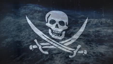 Animación-De-Bandera-Pirata-Sobre-El-Mar-Y-La-Tormenta.