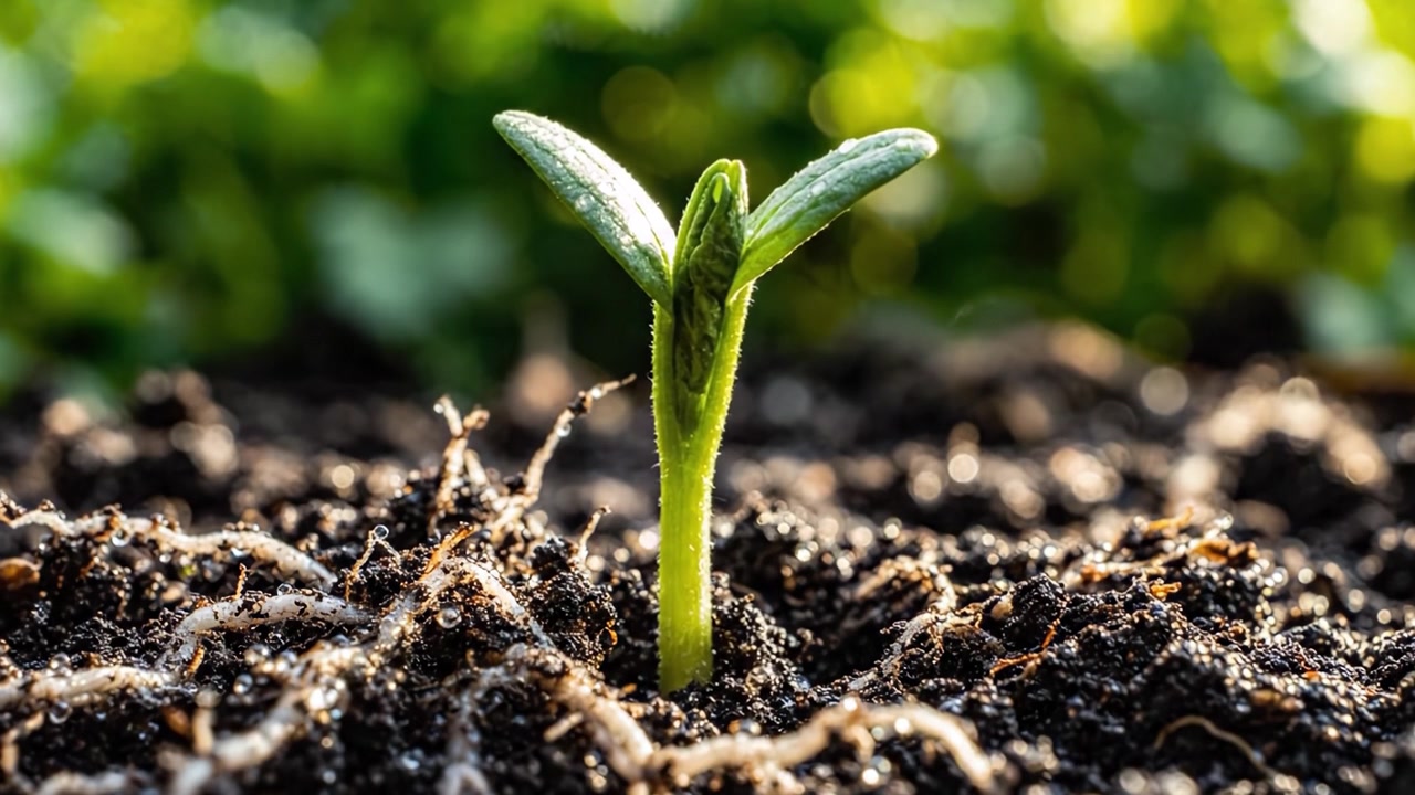 Uma Pequena Muda Emerge da Terra Fértil, Simbolizando Novos Começos e Crescimento em um Ambiente Nutritivo Cheio de Vida