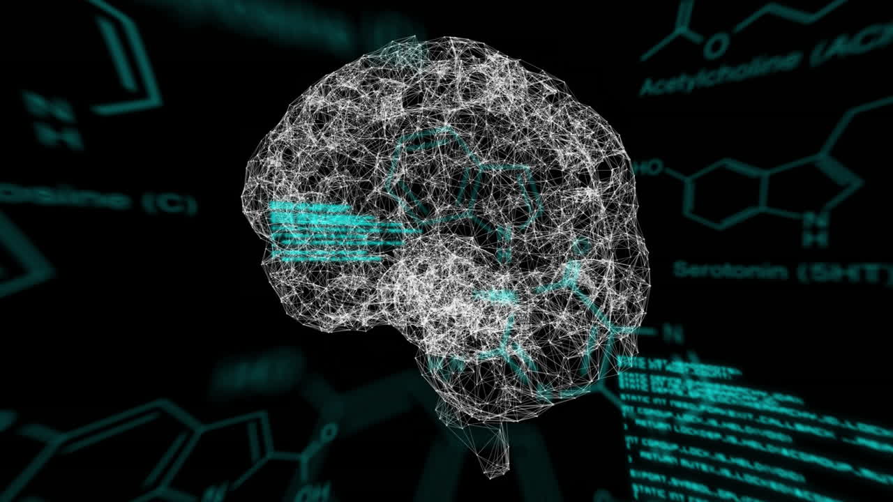 Brain neural network animation over chemical formulas and data processing