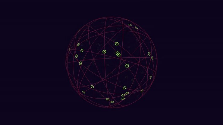Complex network or system intricate lines and dots form spherical pattern