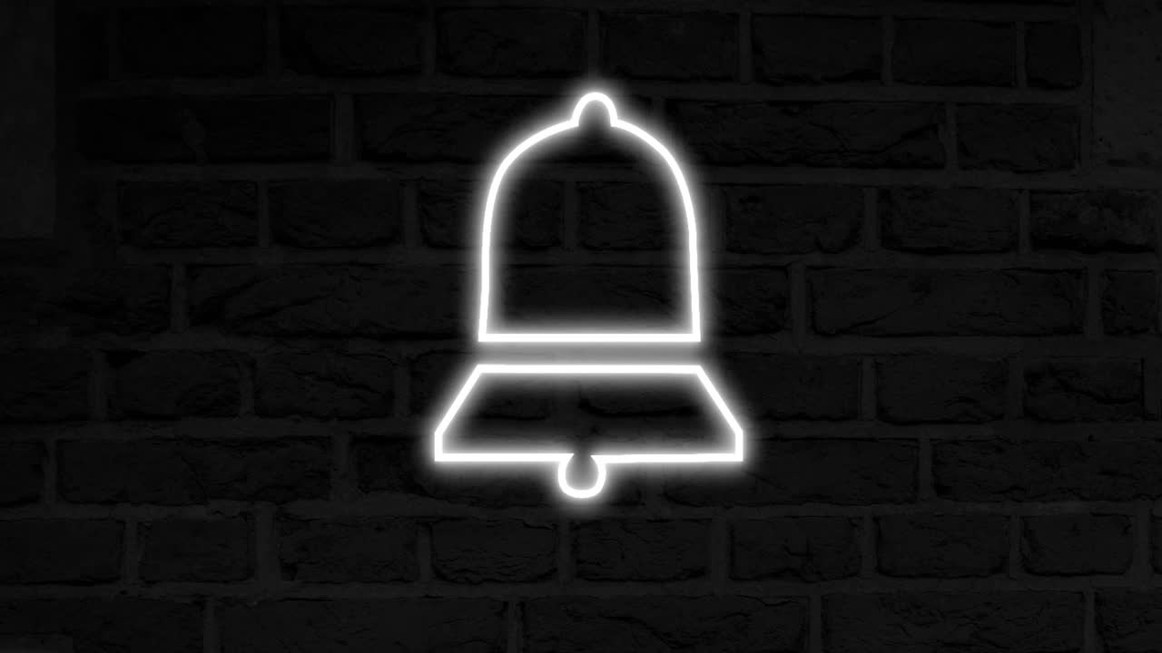 벽돌 벽에 빛나는 네온 종 알림 아이콘의 애니메이션