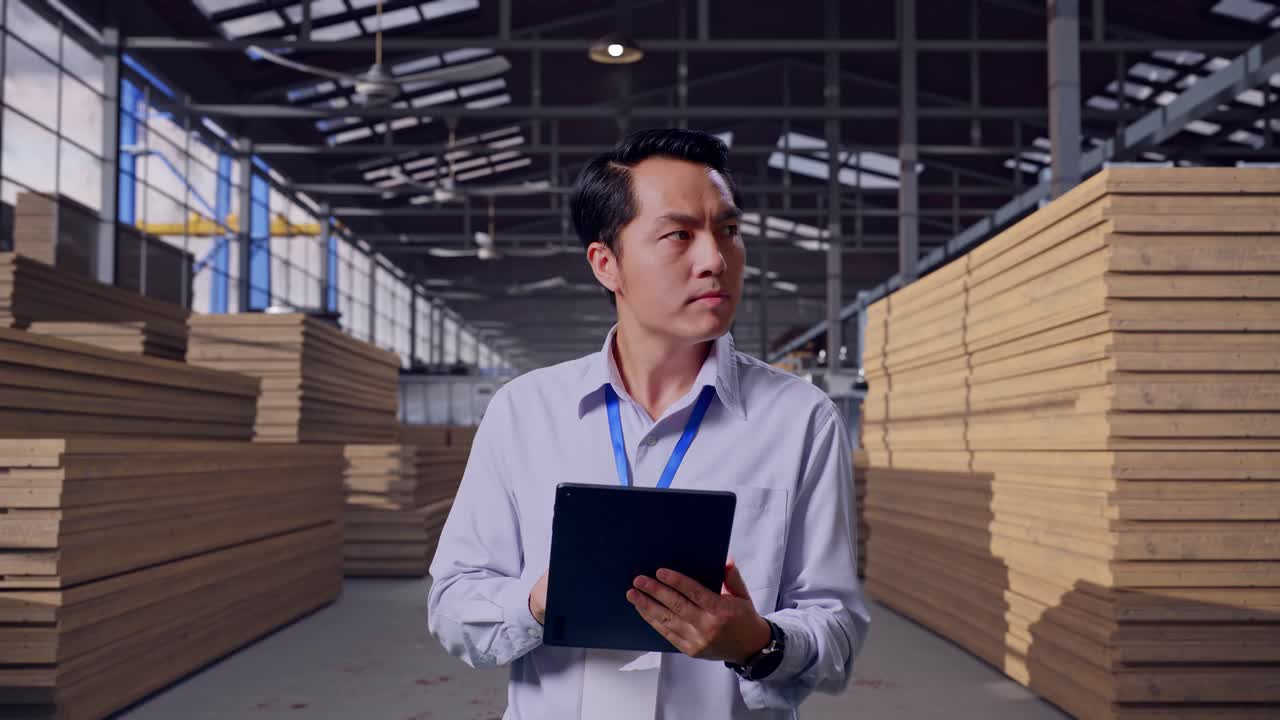 Asian Male Professional Worker Standing With His Tablet, Worker Inspecting Timber Warehouse, He Observes By Looking Around Before He Come To Concentrating With His Tablet