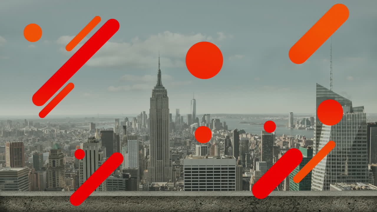 Empire State Building rising above rooftop cityscape, featuring red orange shapes in flat design