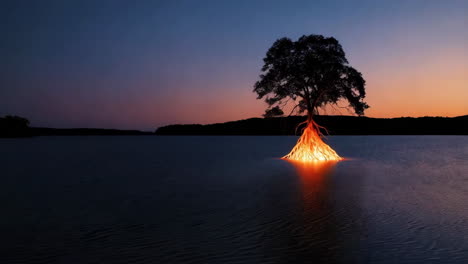 mystical tree with glowing roots in water at sunset