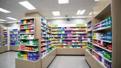 pharmacy interior with colorful medicine boxes