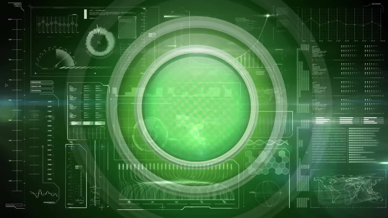 Animation of data processing and loading on complex green glowing interface screen