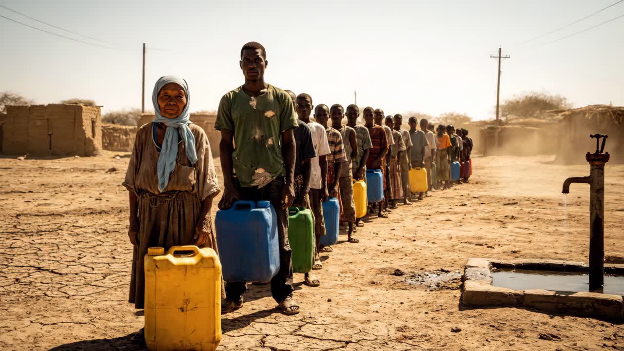 People Waiting in Line for Water in an Arid Environment