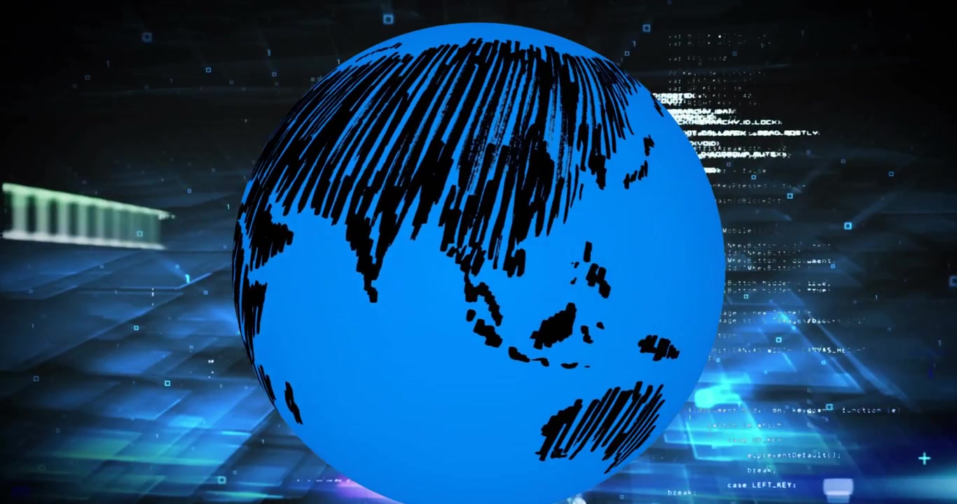 Animation of data processing and binary coding over world map