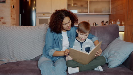 mother and son reading together