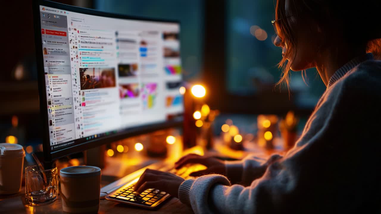 A Focused Individual Working Late at Night, Engaged with a Bright Computer Screen Displaying Social Media and Communications in a Cozy, Dimly Lit Room Surrounded by Warm Lights