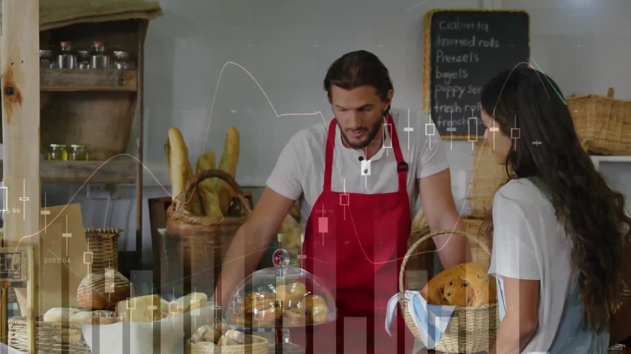 animación del procesamiento de datos financieros y estadísticas sobre hombres y mujeres en la tienda.