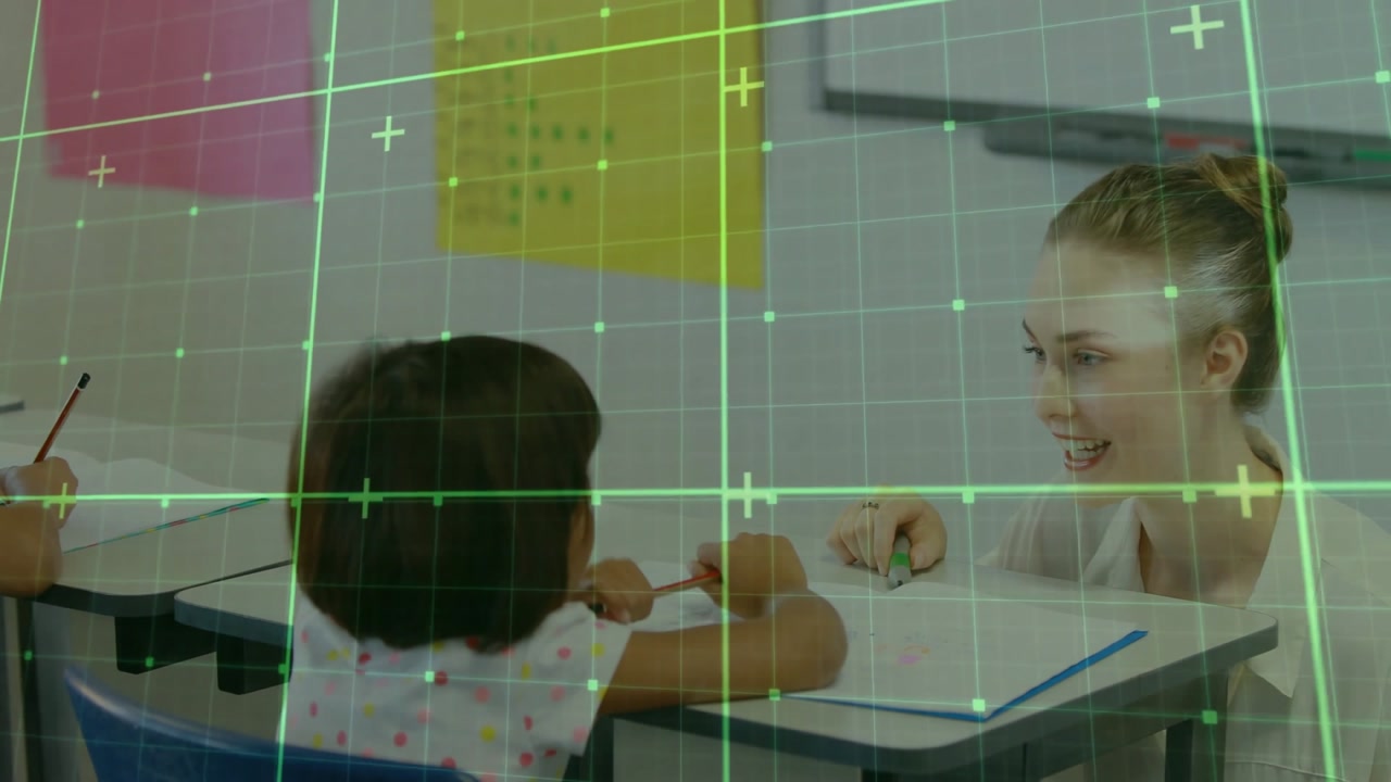 Child sitting writing worksheet as educator placing eraser guiding erasing and rewriting letters