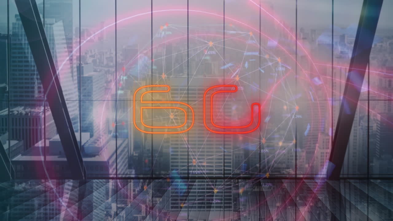 Animazione di testo 6G e tunnel circolare su paesaggio urbano moderno visto attraverso una finestra di vetro