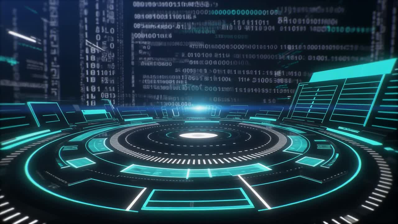 Futuristic Digital Interface with Glowing Binary Code Background