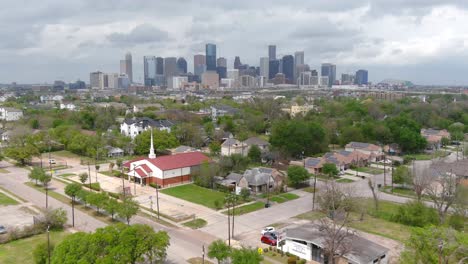 aerial of third ward houston landscape as downtown houston sits in background