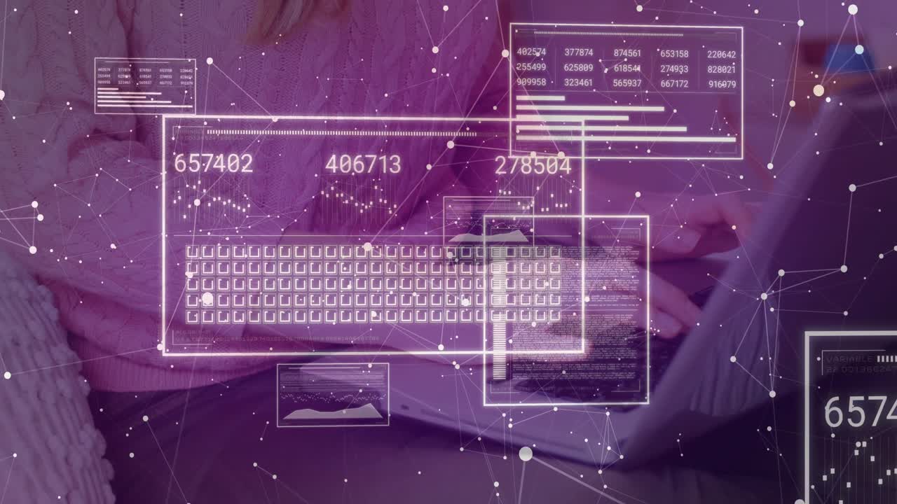 woman typing on laptop at tech desk, integrating holographic keyboard with data charts