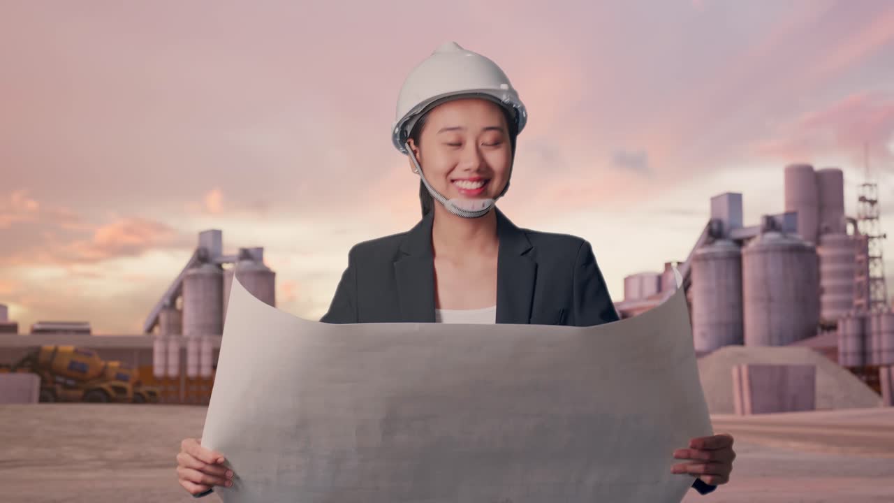 Vista frontal de empresaria asiática mirando un plano en sus manos mientras camina y observa los alrededores en una planta de cemento industrial al atardecer.