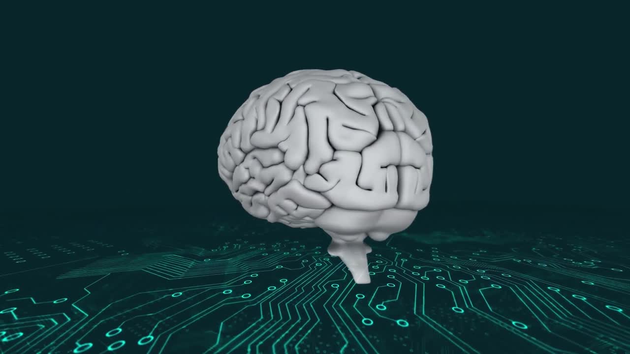 Animation of human brain over circuit board pattern against black background