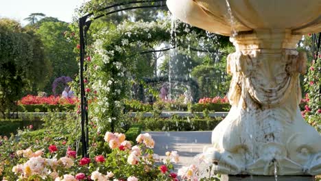 fountain spilling water in a flower garden. serene and picturesque garden scene.