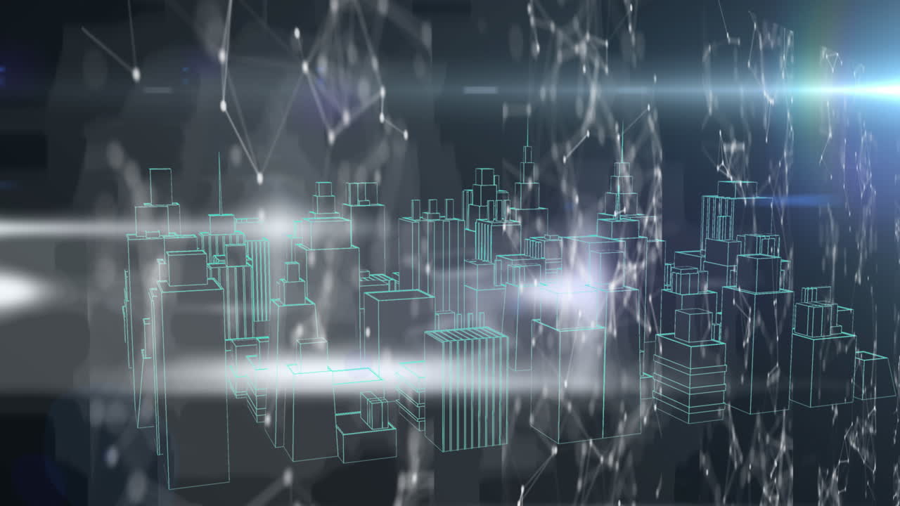 Network of connections and data processing against 3d city model sinning against black background