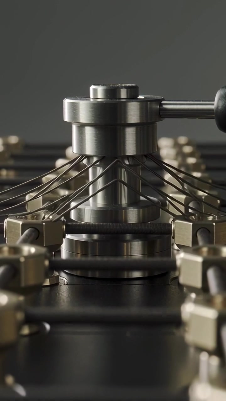 Vertical video: Engaging lever, actuator lowering and pulling thin wires on bench