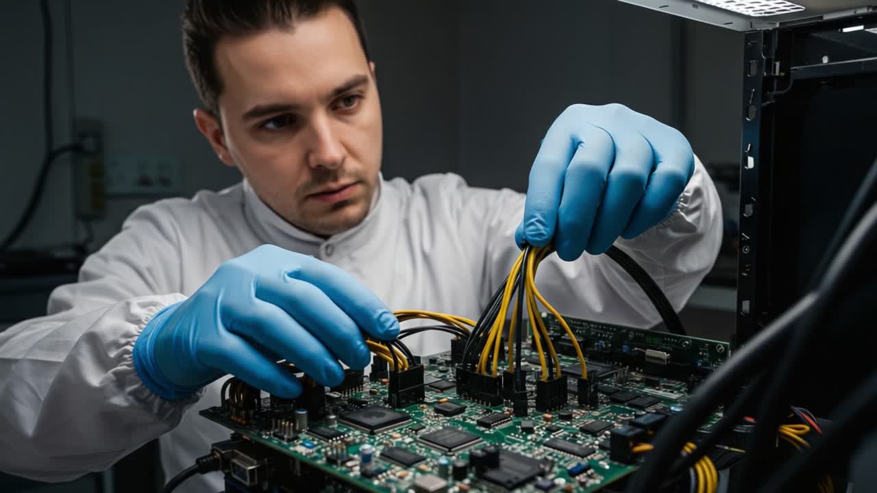 A Technician Carefully Assembles and Tests Complex Circuit Components with Precision and Focus in a Modern Technology Workshop Environment