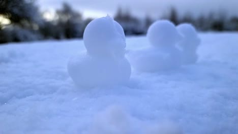 Sammlung-Geformter-Schneeenten-Als-Dekoration,-Die-Bei-Sonnenaufgang-In-Einer-Reihe-Auf-Winterschnee-Sitzen