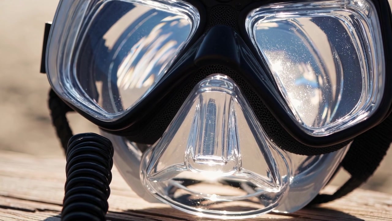 Primo piano di maschera subacquea su superficie di legno