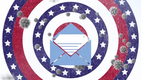 Umschlagsymbol-Und-Covid-19-Zellen-Vor-Kreisen-Mit-Sich-Drehender-Amerikanischer-Flagge