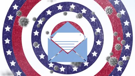 envelope icon and covid-19 cells against circles with american flag spinning