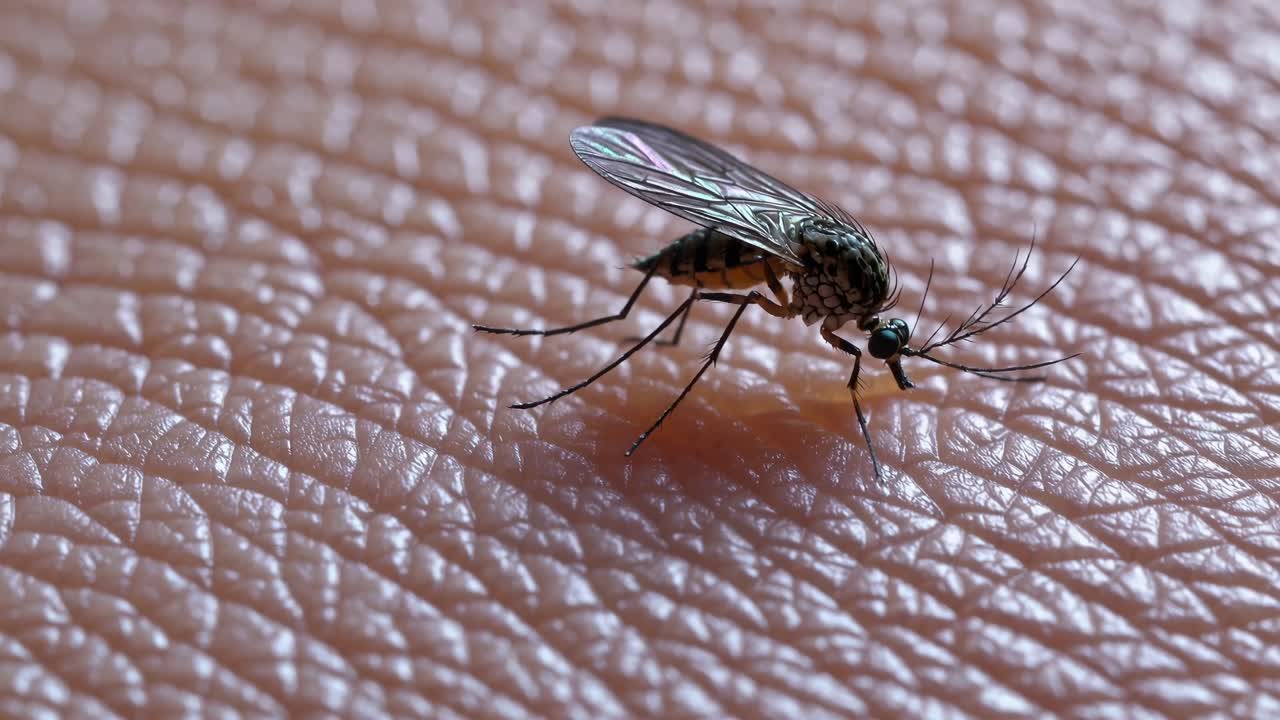 Scatto macro di una zanzara che riposa sulla pelle umana