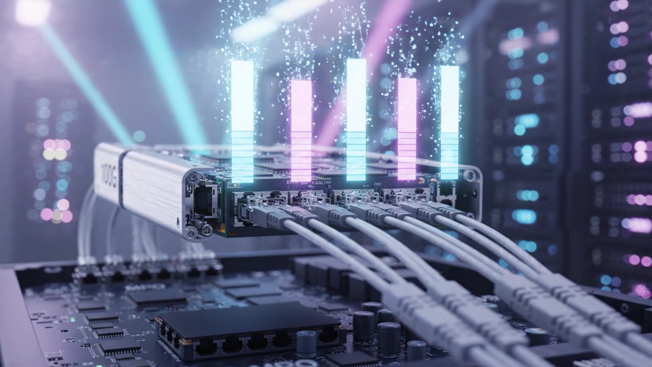 Advanced Network Equipment in a Modern Data Center with High-Tech Cables and Colorful Lighting Creating a Futuristic Atmosphere of Connectivity and Processing Power