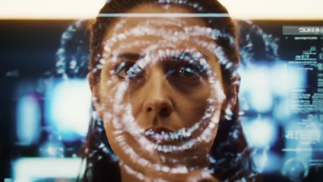 A Deep Dive into Digital Analysis: A Woman Engaging with Interactive Technology, Showcasing Advanced Interface and Intriguing Visuals in a Futuristic Environment