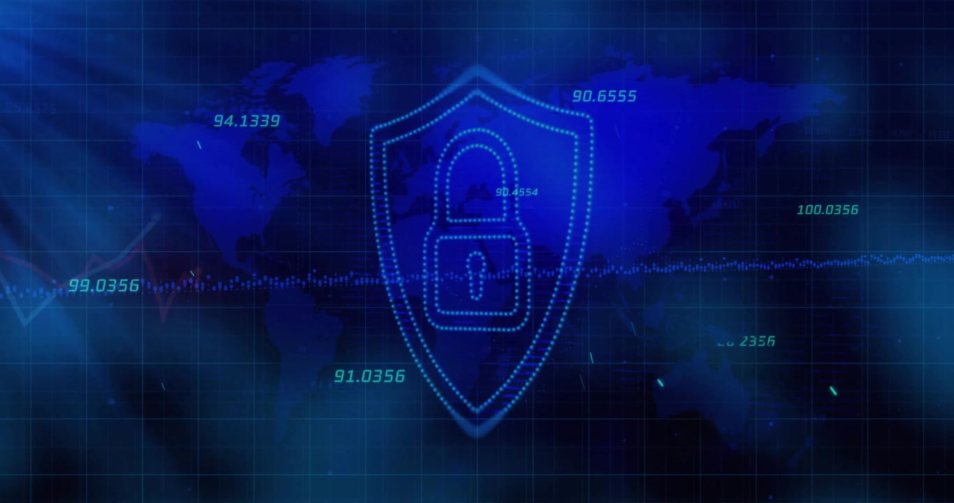 Central dotted shield highlighting padlock icon over world map grid lines displaying changing data