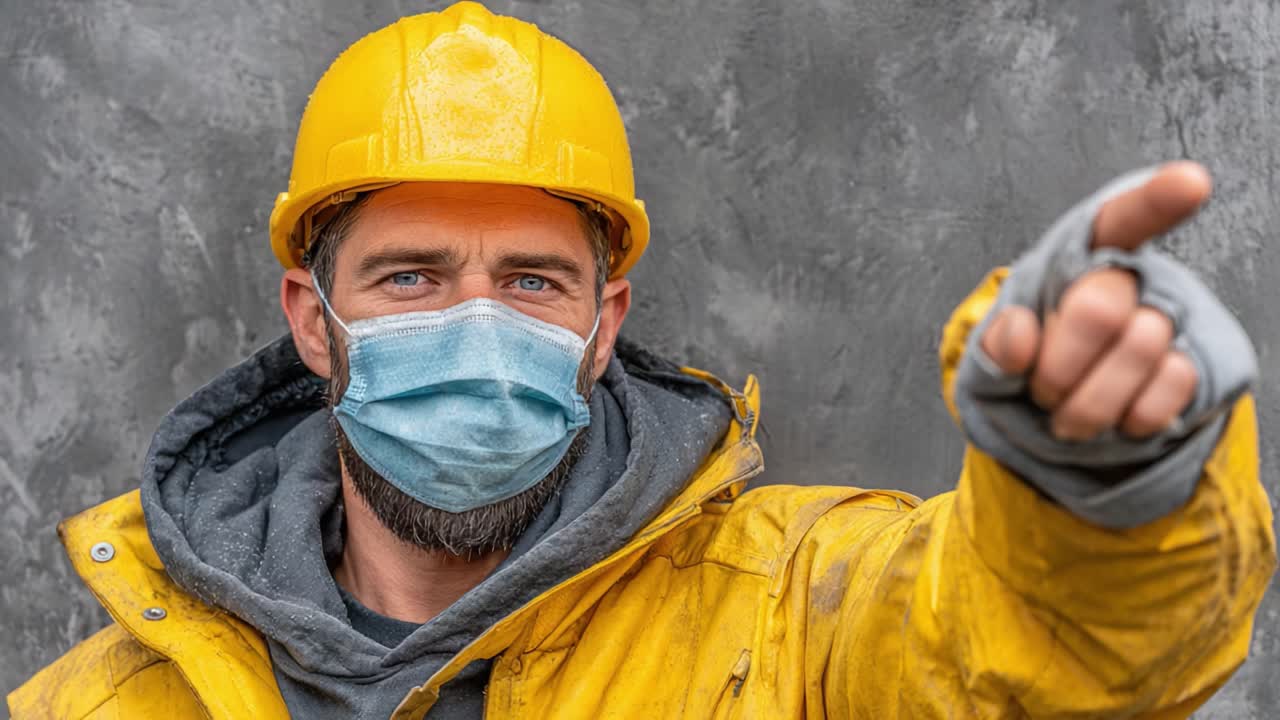 A Focused Construction Worker in Safety Gear Points Intently While Wearing a Yellow Hard Hat and Face Mask, Emphasizing Workplace Safety and Communication On Site