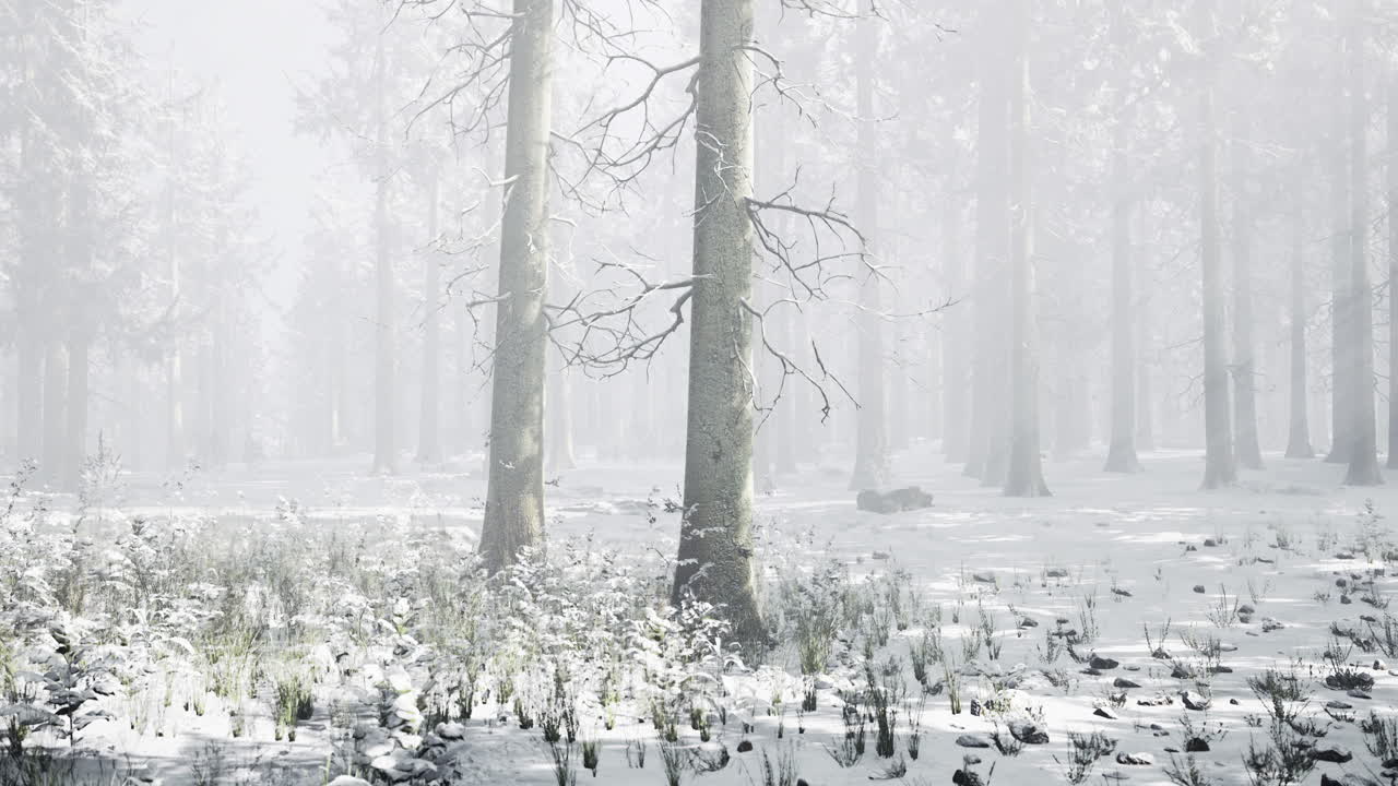 Winter wonderland envelops a tranquil forest in soft shimmering snow