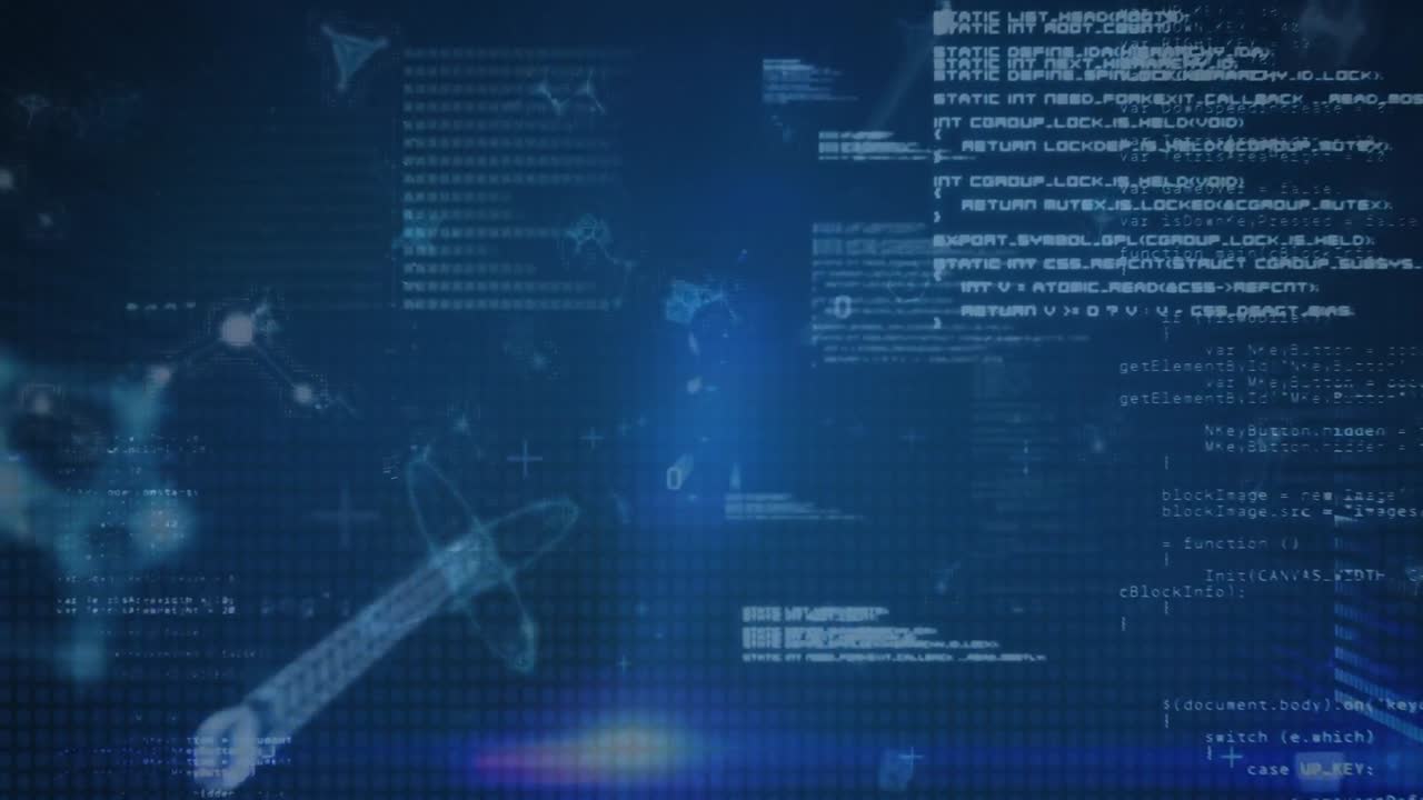 Animation of looping binary codes and computer programming language with icons