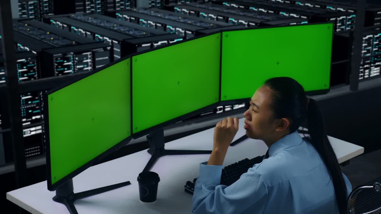 vista laterale di una donna asiatica stanca che sbadiglia mentre lavora con un monitor di computer simulato in un centro dati