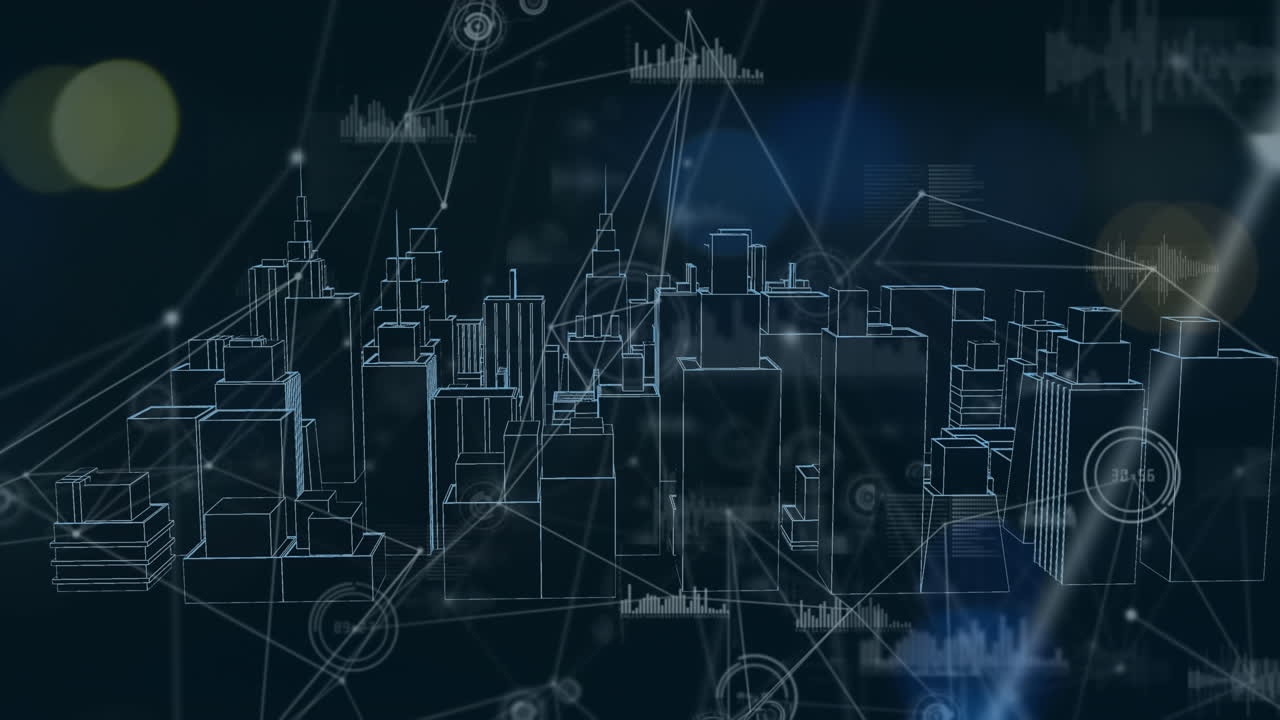 디지털 인터페이스에서 3d 도시 금융 도시에 대한 점을 연결하는 바 그래프의 애니메이션