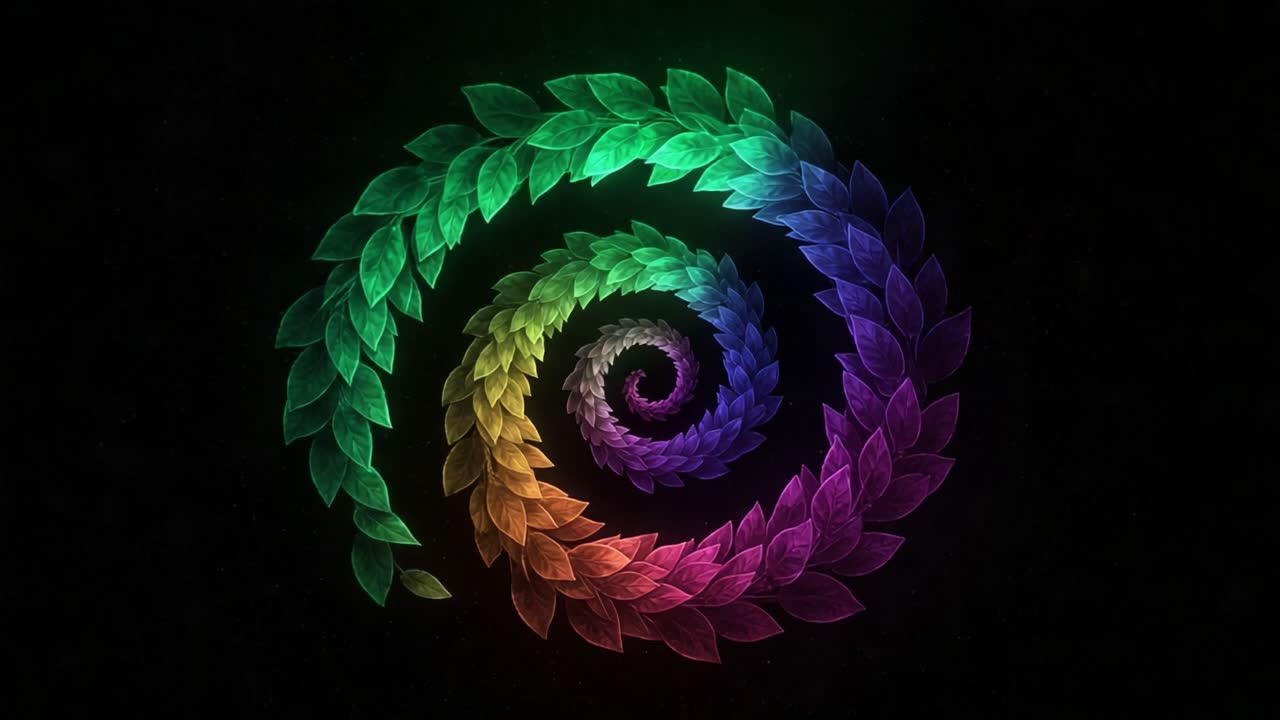 A Vibrant Spiral of Colorful Leaves Creating an Eye-Catching Pattern Against a Dark Background, Symbolizing Growth and Harmony in Nature