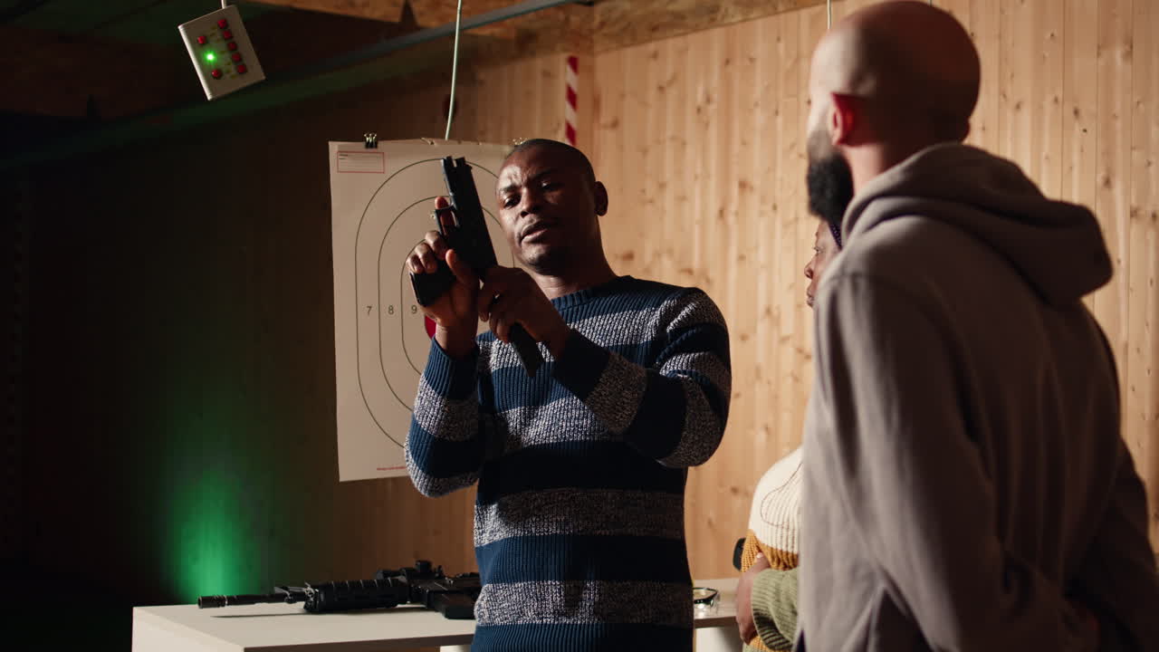 especialista en campo de tiro enseñando etiqueta de armas a los clientes