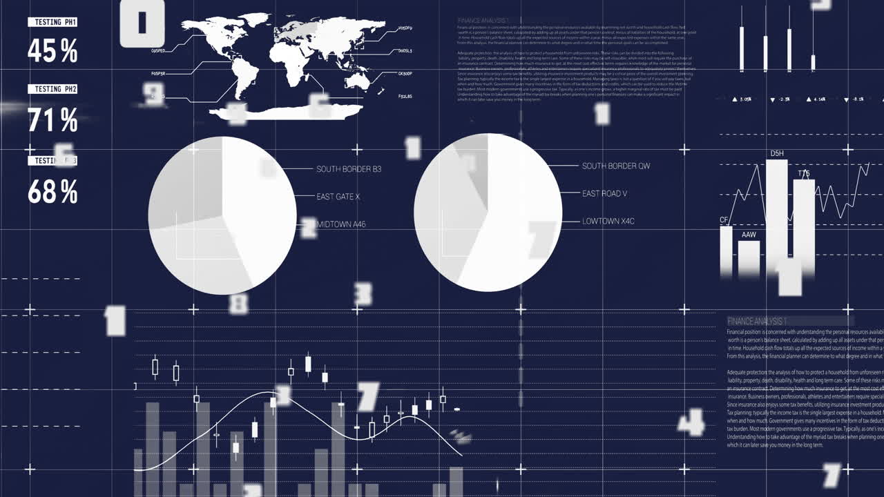 Animation of statistics and data processing on black background