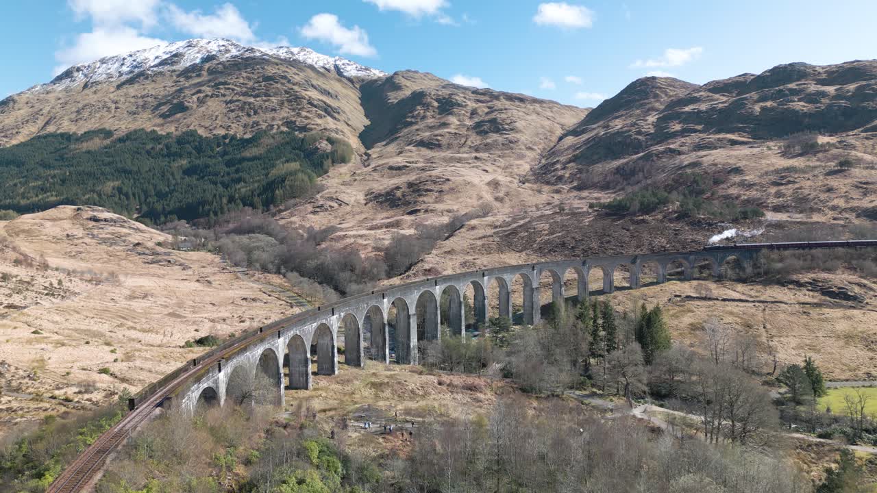 fotografía aérea del tren de vapor jacobita en el viaducto de glenfinnan en escocia