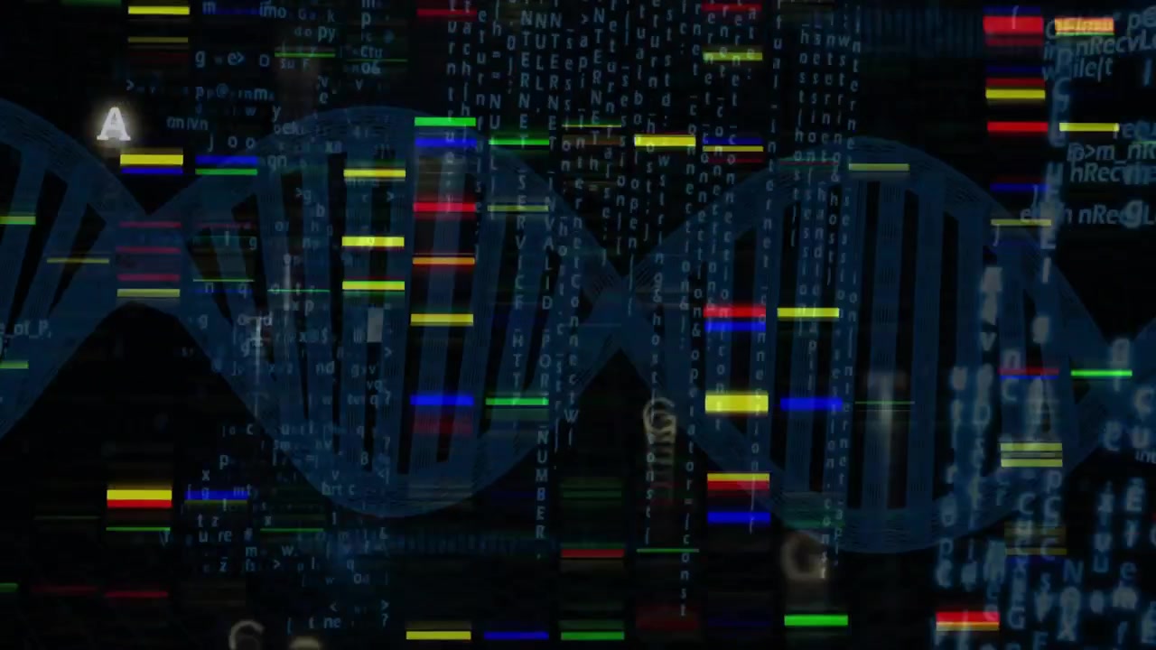 3D helix animating with scrolling code and sliding bars on diagram overlay for visualizing genetics