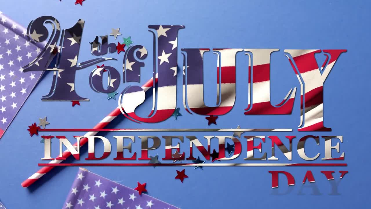 Animación de texto del 4 de julio sobre banderas de los Estados Unidos de América en un fondo azul.