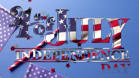 animation of 4th of july text over flags of united states of america on blue background