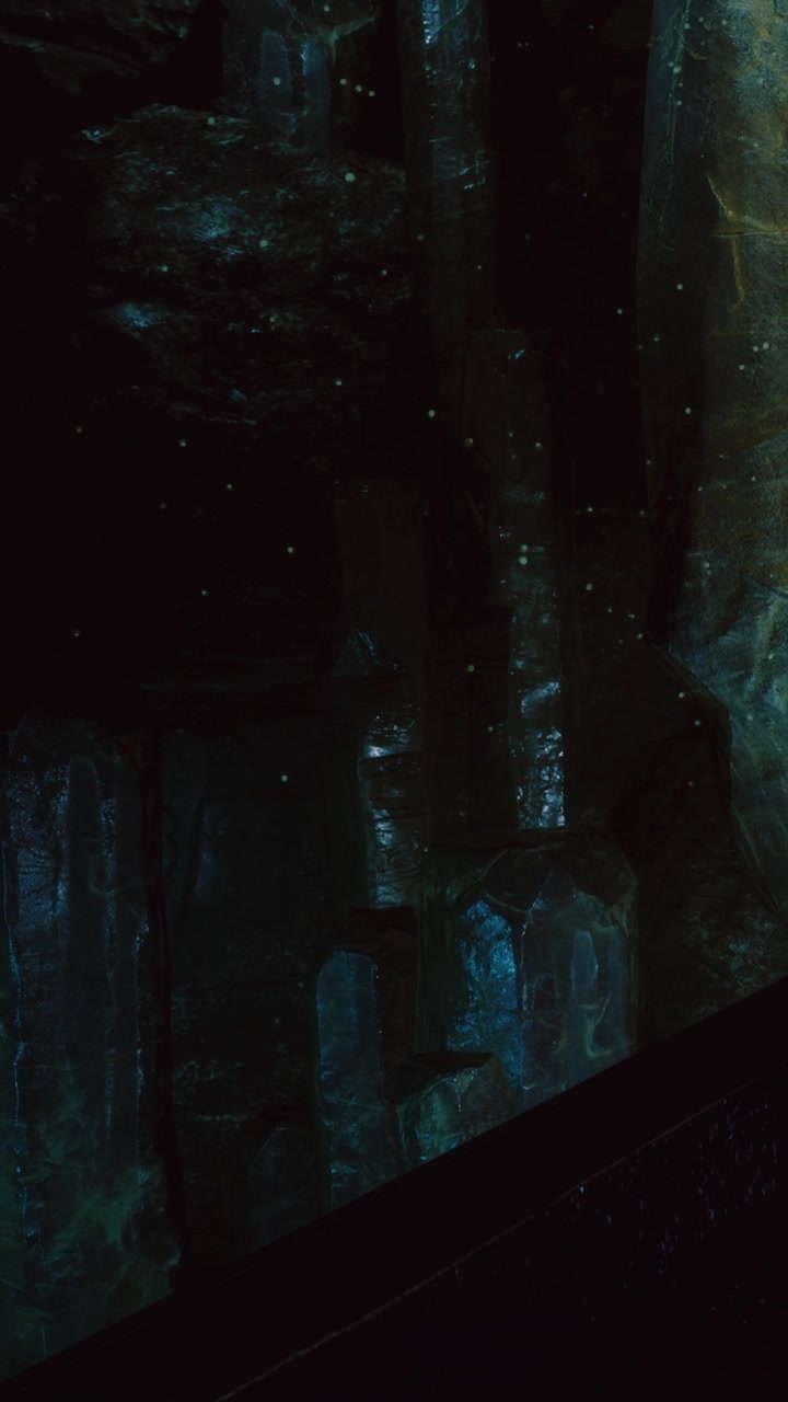 Exploration of a dark cave with visible rock formations and specks of light